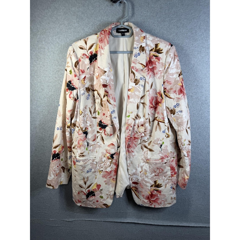 Express Blazer Womens Large Multicolor Floral Linen Blend Long Sleeve Jacket